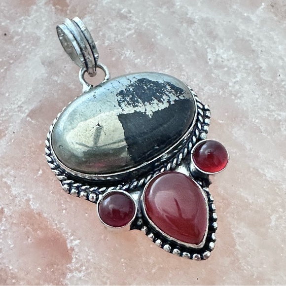 Pendant Pyrite And Carnelian Agate Large Gemstones Stones Silver Tone 3331 - Picture 8 of 9